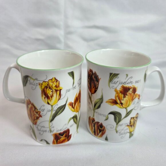 TWO Rose of England Yellow Tulips Bone China Mugs Flowers & Script - Picture 1 of 12